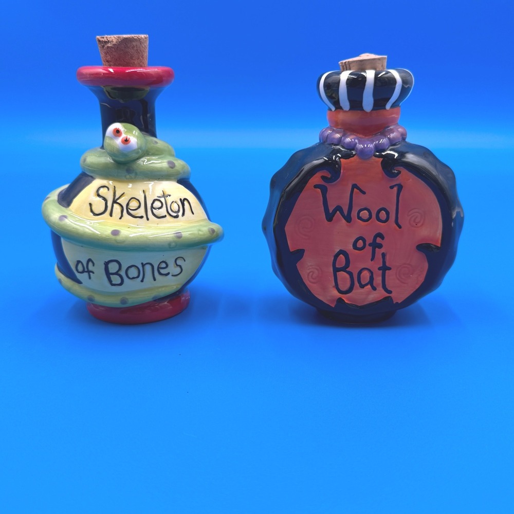Halloween Ceramic Potion Bottles Skeleton of Bones Wool of Bat Set of 2 5in